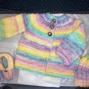 Watercolor Hand Knit Sweater, Hat and Booties Set