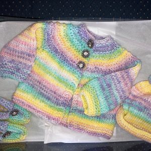Fancy Watercolor Hand Knit Sweater, Hat and Booties Set