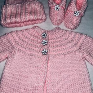 Pink with White Enamel Flower Buttons Baby Sweater, Hat and Booties Set