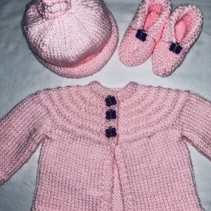 Hand Knit Pink Sweater, Hat and Booties with Butterfly Buttons