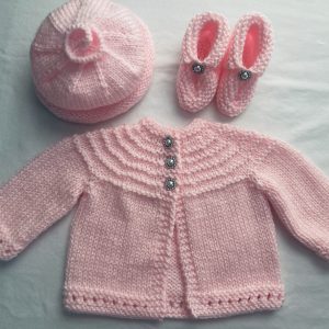 Pink Sparkly Buttons Hand Knit Baby Sweater, Hat and Booties Set