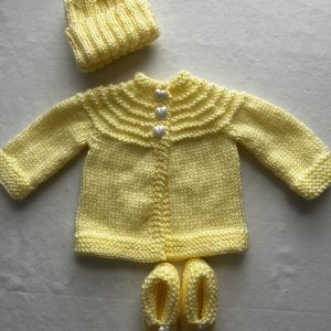 Happy Yellow Hand Knit Sweater, Hat & Booties with White Heart Buttons