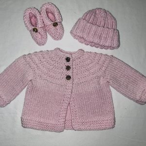 Hand Knit Pink Sweater, Hat & Booties with Gold Rose Buttons