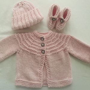 Hand Knit Pink Sweater, Hat and Booties with Sparkly Buttons