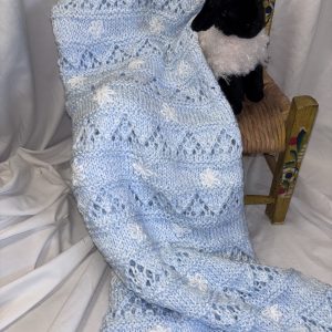 Daisies on a Field of Blue Hand Knit Baby Blanket