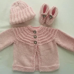 Hand Knit Pink Sweater, Hat & Booties Set with Sparkly Buttons