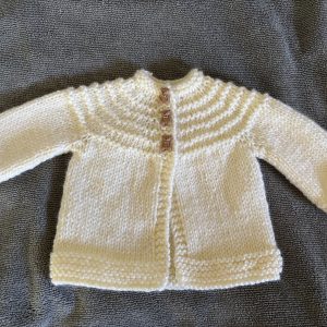 Hand Knit Antique White Baby Sweater with Teddy Bear Buttons