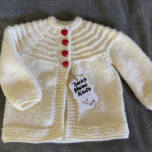 Hand Knit Antique White Baby Sweater with Red Heart Buttons