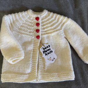 Hand Knit Antique White Baby Sweater with Red Heart Buttons