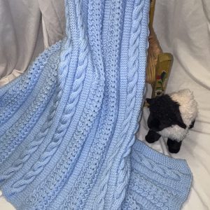 Blue Cable and Fan Pattern Hand Knit Baby Blanket